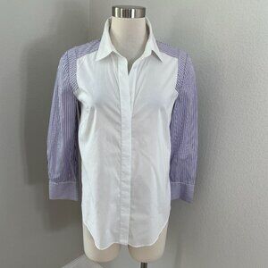 Milly Womens 4 White Purple Striped Cotton Button Up Shirt Pleated Back USA